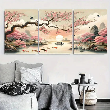 3pcs Cherry Blossom River Zen Koi Fish Wall Art Set Canvas Unframed - High Quality Print 100% Australian Made Wall Canvas - Bella Home Decor
