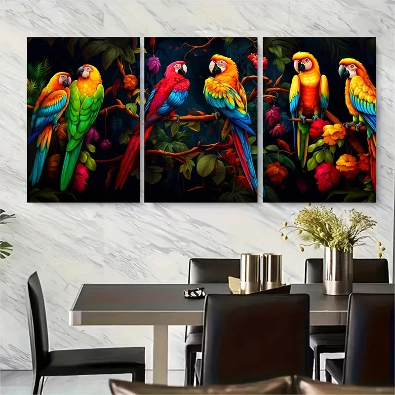 3pcs Vibrant Macaw, Tropical Metal Print Ready to Hang Art