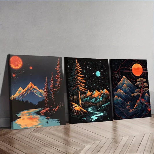 3pcs Featuring A Starry Sky Nature Moon Wall Art Set Canvas Framed 50x70cm - High Quality Print 100% Australian Made Wall Canvas Ready to Hang