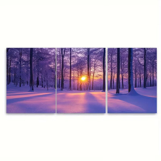 3pcs Winter Sunrise Purple Toned Snowy Forest Land Metal Print Ready to Hang Art