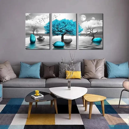 3pcs Abstract Teal Blue Tree of Life and Stones Metal Print Ready to Hang Art - Bella Home Decor