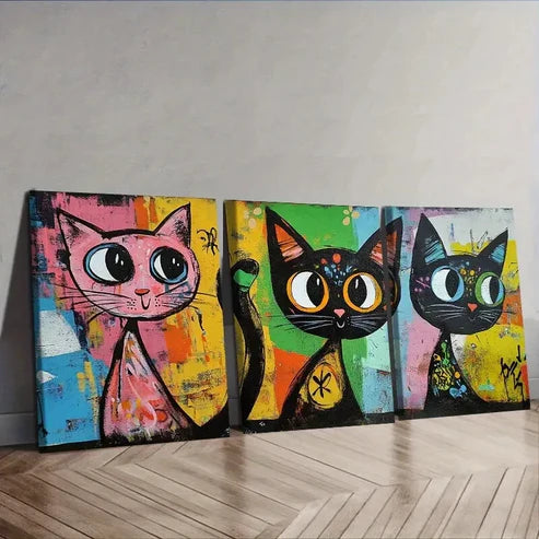 3pcs Colorful cats with big eyes Wall Art Canvas Unframed - High Quality Print 100% Australian Made Wall Canvas