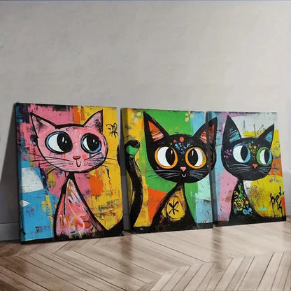 3pcs Colorful cats with big eyes Wall Art Canvas Unframed - High Quality Print 100% Australian Made Wall Canvas