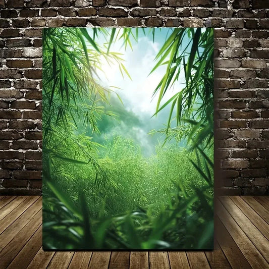 Green Bamboo Grass Meadow Painting 40x60cm Metal Print Ready to Hang - Bella Home Decor