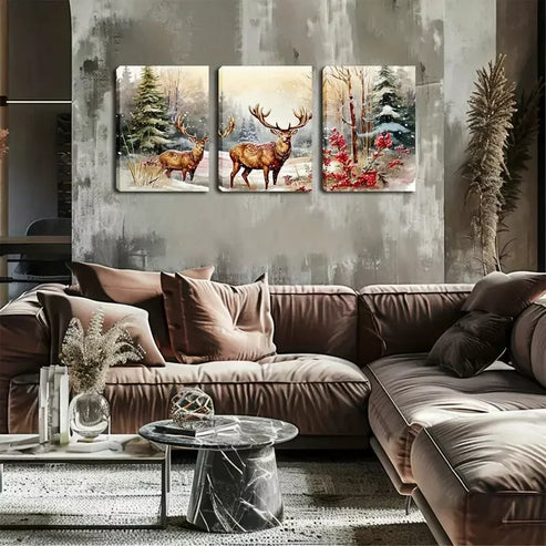 3pcs Moose in Snow Triptych Wall Art Set Wall Art Canvas Unframed - High Quality Print 100% Australian Made Wall Canvas