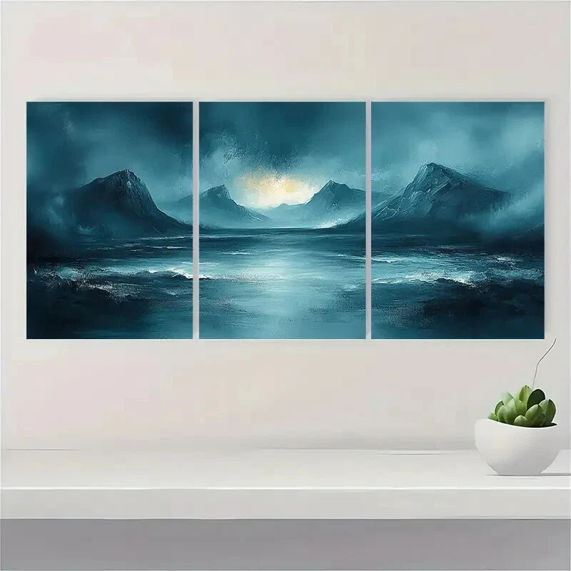 3pcs Teal Gray Abstract Landscape Minimalist Metal Print Ready to Hang Art - Bella Home Decor