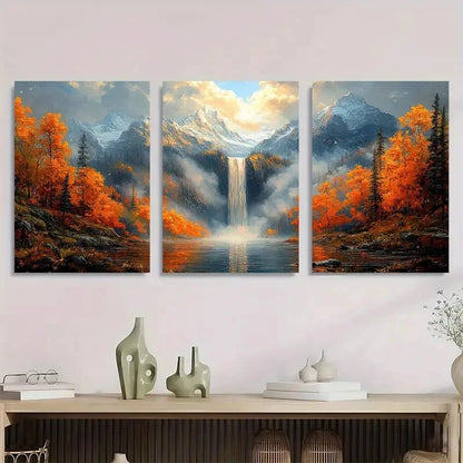 3pcs Autumn Waterfall Misty Mountain Perfect Wall Art Set Canvas Framed 40x60cm - High Quality Print 100% Australian Made Wall Canvas Ready to Hang - Bella Home Decor