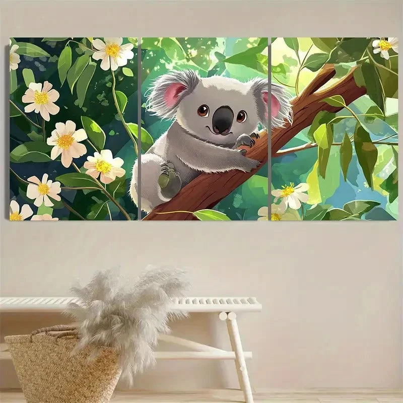 3pcs Cute Koala Bear in Tree with Flowers Wall Art Set Canvas Framed 40x60cm - High Quality Print 100% Australian Made Wall Canvas Ready to Hang - Bella Home Decor