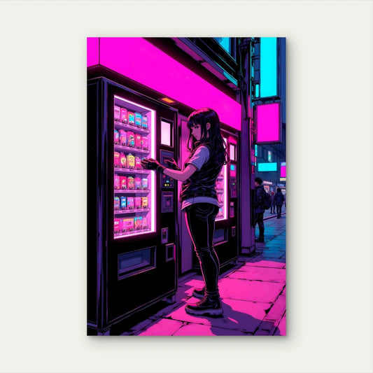 Anime Girl Vending Machine Cyberpunk City 60x90cm Metal Print Ready to Hang