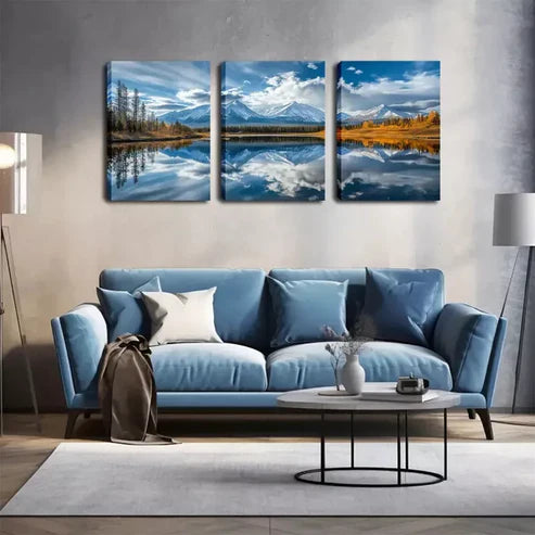 3pcs Landscape Painting with Lake and Blue Sky Wall Art Set Canvas Framed 60x90cm - High Quality Print 100% Australian Made Wall Canvas Ready to Hang - Bella Home Decor