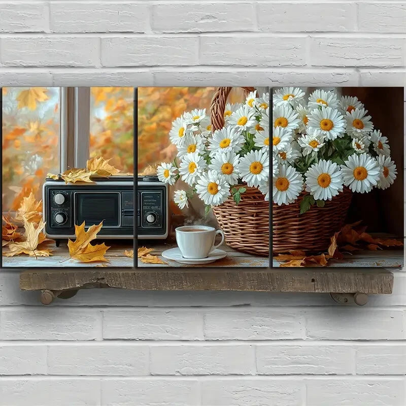 3pcs Daisy Bouquet & Coffee Table Scene Metal Print Ready to Hang Art - Bella Home Decor