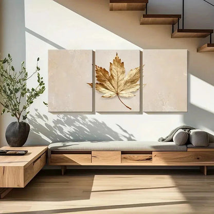3pcs Golden Maple Leaf Art Elegant Poster Metal Print Ready to Hang Art - Bella Home Decor