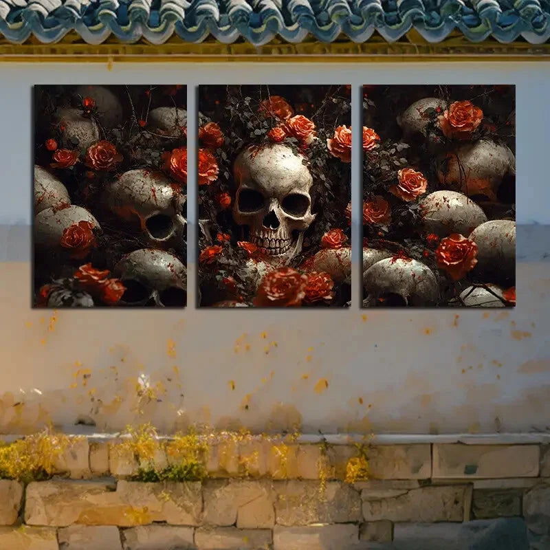 3pcs Modern Gothic Floral Skull Design Metal Print Ready to Hang Art - Bella Home Decor