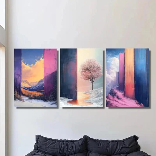 3pcs ,Cherry Blossoms & Color Block Graffiti, Metal Print Ready to Hang Art