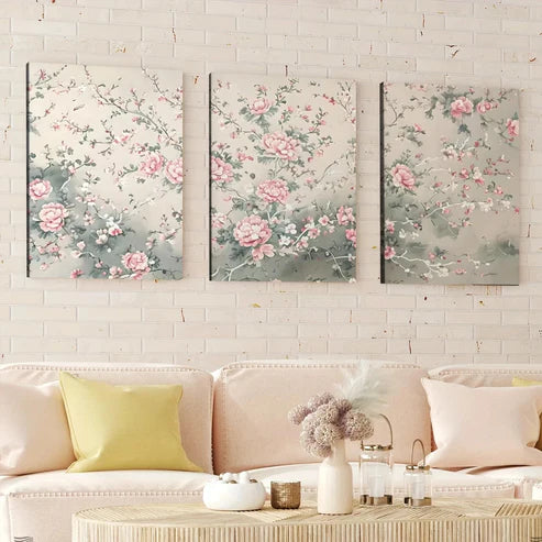 3pcs Sage Green Chinoiserie Art Rose Florals Wall Art Set Canvas Unframed - High Quality Print 100% Australian Made Wall Canvas