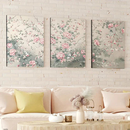 3pcs Sage Green Chinoiserie Art Rose Florals Wall Art Set Canvas Unframed - High Quality Print 100% Australian Made Wall Canvas