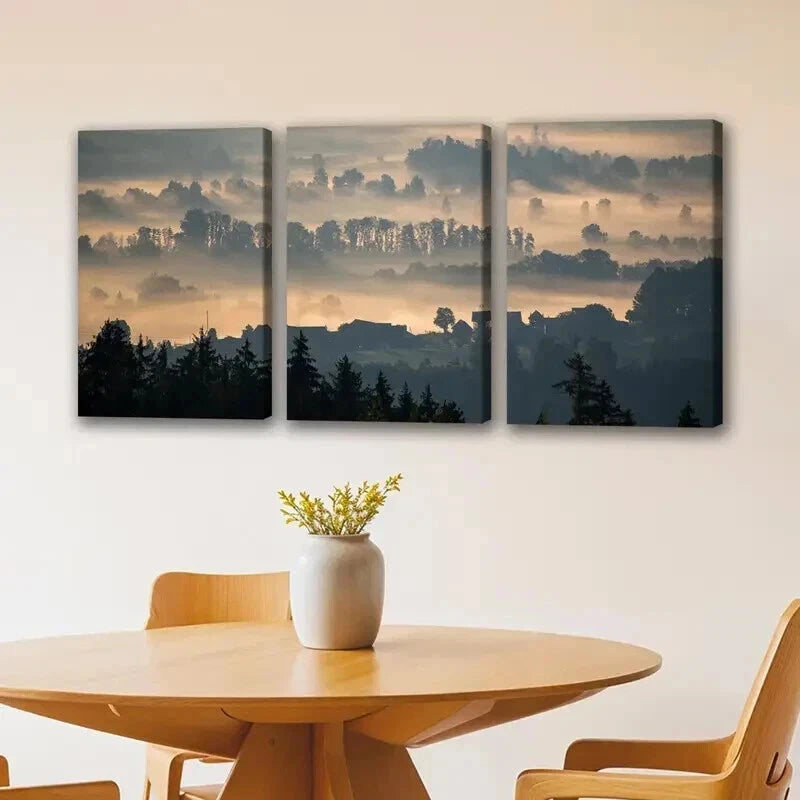 3pcs Misty Forest & Small Town Decoration Wall Art Set Canvas Framed 60x90cm - High Quality Print 100% Australian Made Wall Canvas Ready to Hang