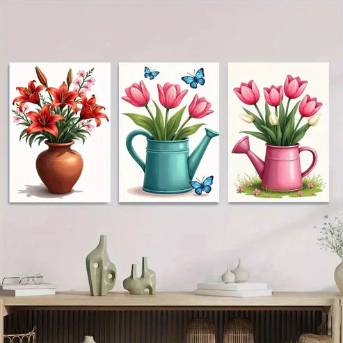 3pcs Vibrant Floral & Butterfly Red Lilies Wall Art Set Canvas Unframed - High Quality Print 100% Australian Made Wall Canvas