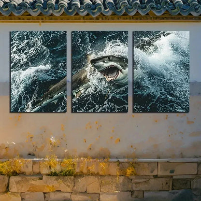 3pcs Dynamic Shark & Wave Ocean-Themed Design Metal Print Ready to Hang Art
