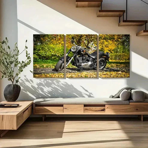 3pcs Motorcycle with Autumn Leaves Scene Wall Art Canvas Unframed - High Quality Print 100% Australian Made Wall Canvas