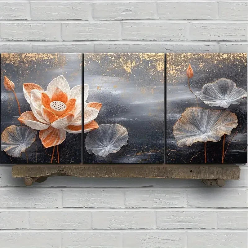 3pcs Water Lily Trio Orange and Gray Metal Print Ready to Hang Art - Bella Home Decor
