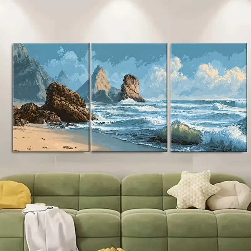 3pcs Marine Landscape, Coastal Painting Metal Print Ready to Hang Art
