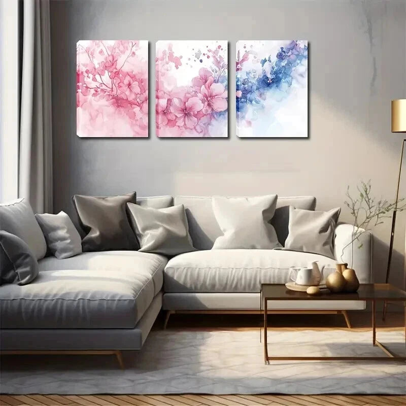 3pcs Pink Floral & Blue Watercolor Perfect Wall Art Set Canvas Framed 60x90cm - High Quality Print 100% Australian Made Wall Canvas Ready to Hang - Bella Home Decor
