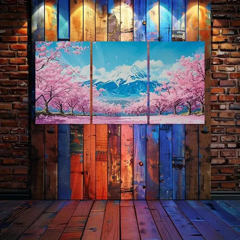 3pcs Japanese Mount Fuji Scenery, Cherry Tree Wall Art Canvas Unframed - High Quality Print 100% Australian Made Wall Canvas