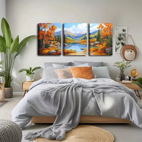 3pcs Mountains And Lakes In Autumn Wall Art Canvas Unframed - High Quality Print 100% Australian Made Wall Canvas
