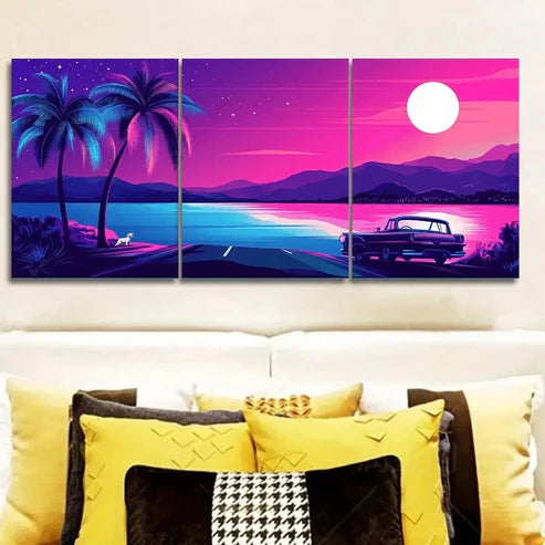 3pcs Miami Beach Sunset with Palm Trees Wall Art Set Wall Art Canvas Unframed – High Quality Print 100% Australian Made Wall Canvas