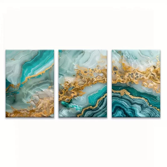 3pcs Featuring Turquoise And Golden Marble Metal Print Ready to Hang Art