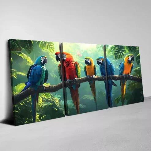 3pcs Cute Parrots on the Branch Greenery Forest Wall Art Canvas Unframed - High Quality Print 100% Australian Made Wall Canvas