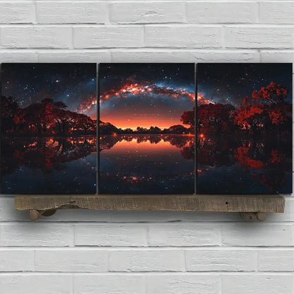 3pcs Forest Lake Reflections Golden Metal Print Ready to Hang Art - Bella Home Decor