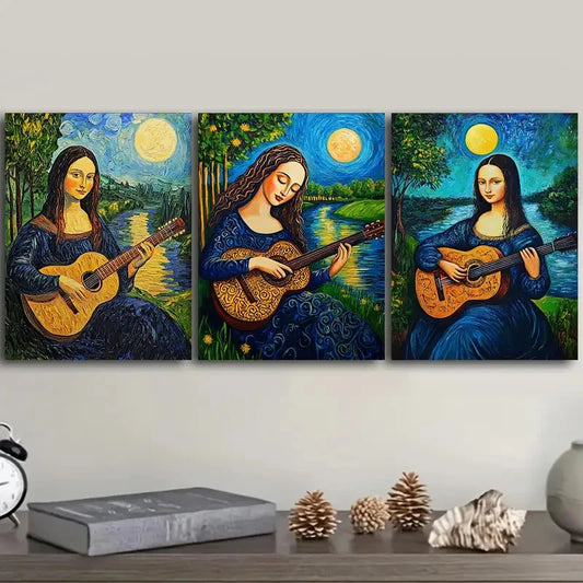 3pcs Mona Lisa plays guitar Metal Print Ready to Hang Art