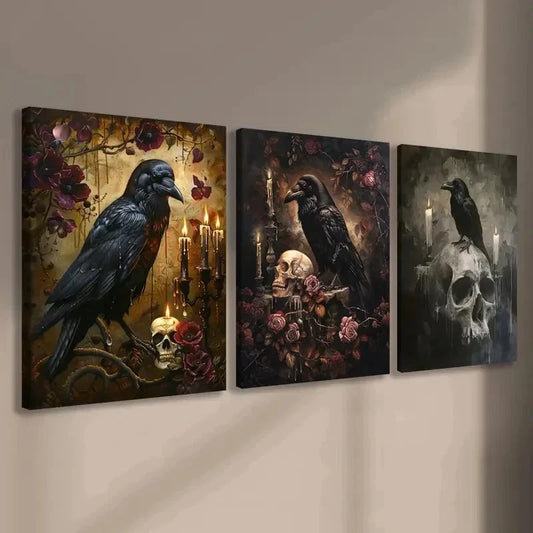 3pcs Crow Skull Wall Art Canvas Wall Art Set Canvas Framed 60x90cm - High Quality Print 100% Australian Made Wall Canvas Ready to Hang