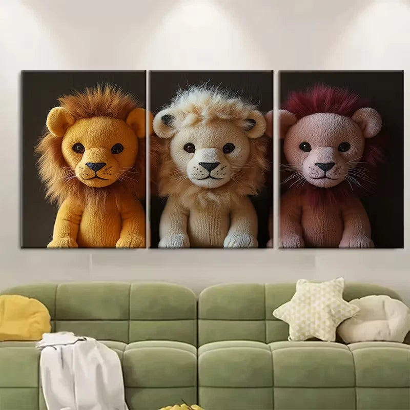 3pcs Soft Lion Toy Metal Print Ready to Hang Art