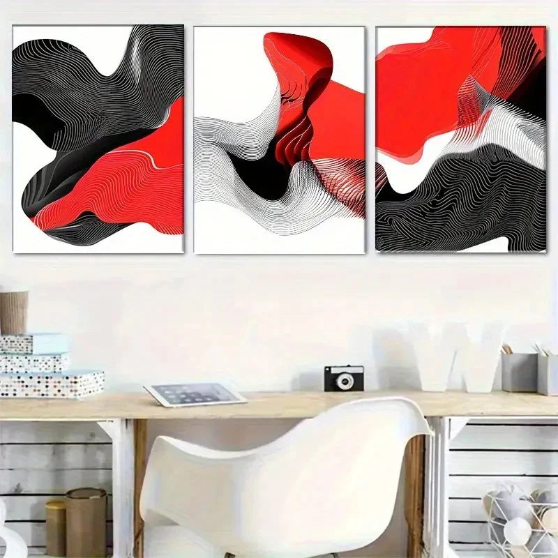 3pcs Red and Black Abstract Wave Design Metal Print Ready to Hang Art - Bella Home Decor