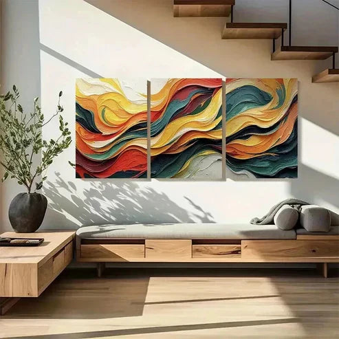 3pcs Swirling Waves in Red Yellow Green & Orange Art Set Canvas Unframed - High Quality Print 100% Australian Made Wall Canvas
