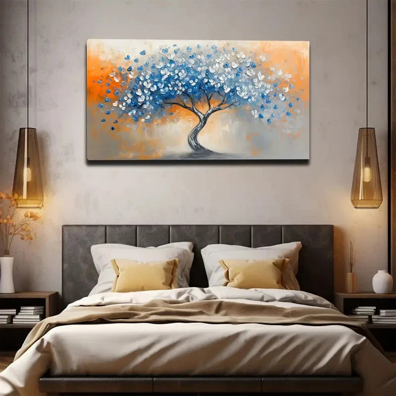Vibrant Blue & Orange Tree Wall Art canvas office home room framed 120x60cm