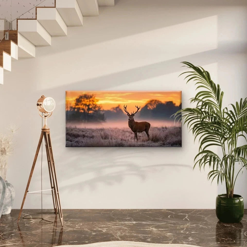 Elk Sunset with Autumn Hues Wall Art Canvas Office Home Room Framed 120x60cm