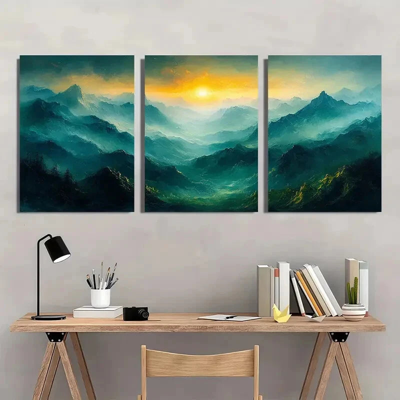 3pcs Abstract Green Mountain Oil Painting Metal Print Ready to Hang Art - Bella Home Decor