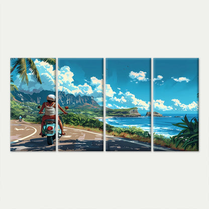 4pcs Scooter Rider on a Coastal Road Wall Art Canvas Framed 45x80cm - High Quality Print 100% Australian Made Wall Canvas Ready to Hang