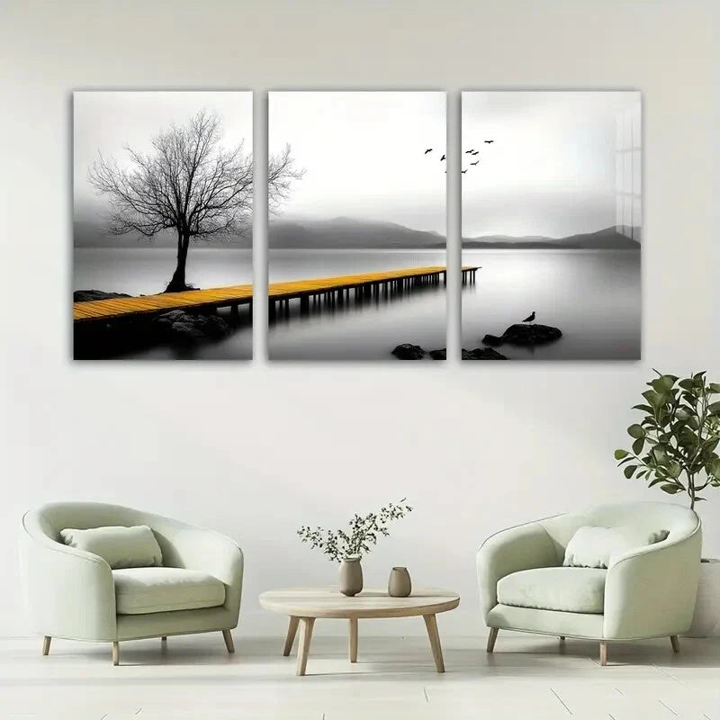 3pcs Seaside Birds and Trees Black Themed Metal Print Ready to Hang Art - Bella Home Decor