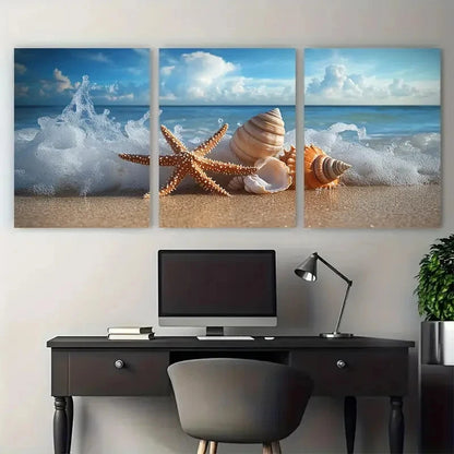 3pcs Coastal Beach Photography Starfish & Shells Wall Art Set Canvas Framed 50x70cm - High Quality Print 100% Australian Made Wall Canvas Ready to Hang - Bella Home Decor