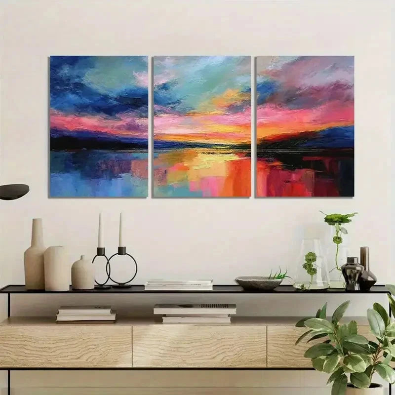 3pcs , Colorful Sky and Waves Landscape Painting Metal Print Ready to Hang Art - Bella Home Decor