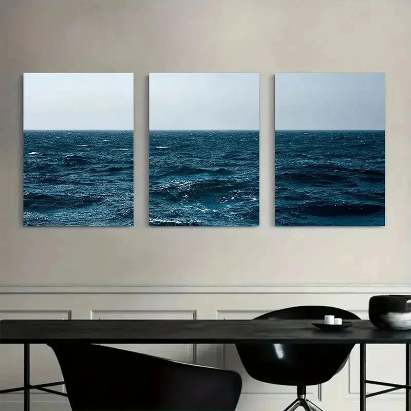 3pcs Vast Ocean with Dark Blue Sea Artwork Metal Print Ready to Hang Art - Bella Home Decor