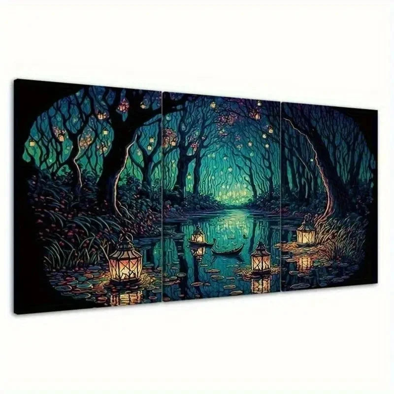 3pcs Green Forest Floating Lanterns GL   Wall Art Set Canvas Framed 50x70cm - High Quality Print 100% Australian Made Wall Canvas Ready to Hang