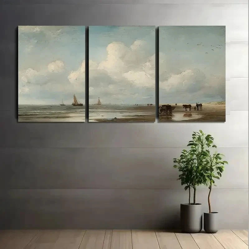 3pcs Dutch Coast with Fishing Boats Paintings Metal Print Ready to Hang Art - Bella Home Decor