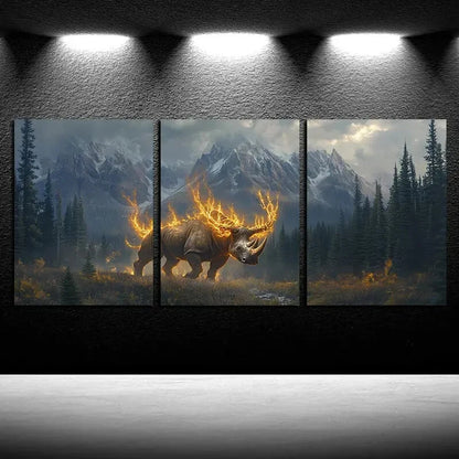 3pcs Savage Fire Rhinoceros Illustration Metal Print Ready to Hang Art - Bella Home Decor