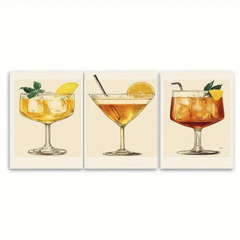 3pcs Bee’s Knees Cocktail Vintage Retro Gin Bar Wall Art Canvas Unframed - High Quality Print 100% Australian Made Wall Canvas - Bella Home Decor